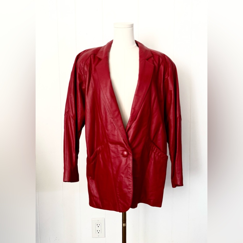 Vintage 1980s CHIA Red Genuine Leather Long Blazer Jacket Single Button Medium